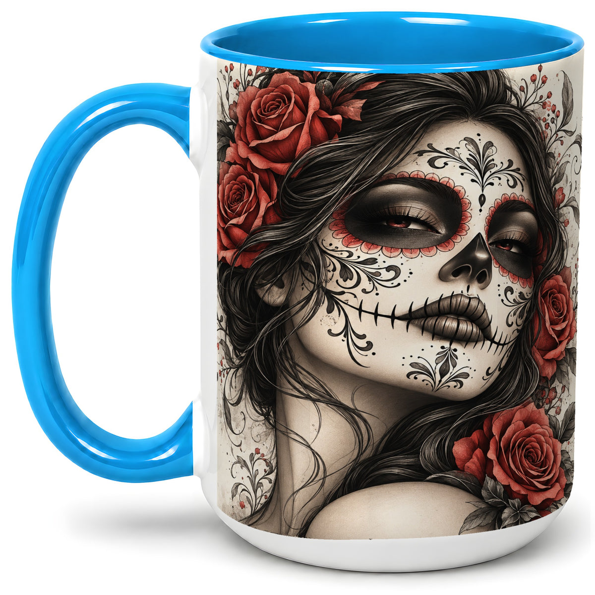 #pl[15oz|Blue] Vintage Sugar Skull Rose Accent Mug, Ceramic Mug for Gothic Art Fans