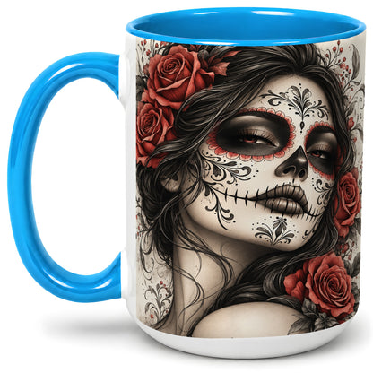 #pl[15oz|Blue] Vintage Sugar Skull Rose Accent Mug, Ceramic Mug for Gothic Art Fans