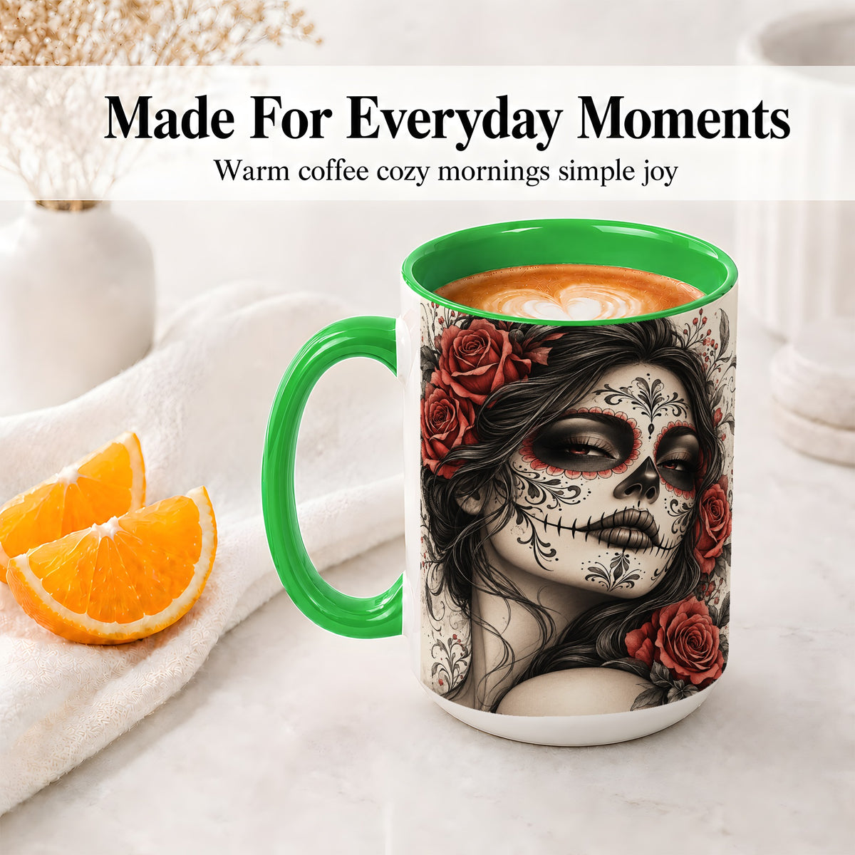 #pl[15oz|Green] Vintage Sugar Skull Rose Accent Mug, Ceramic Mug for Gothic Art Fans