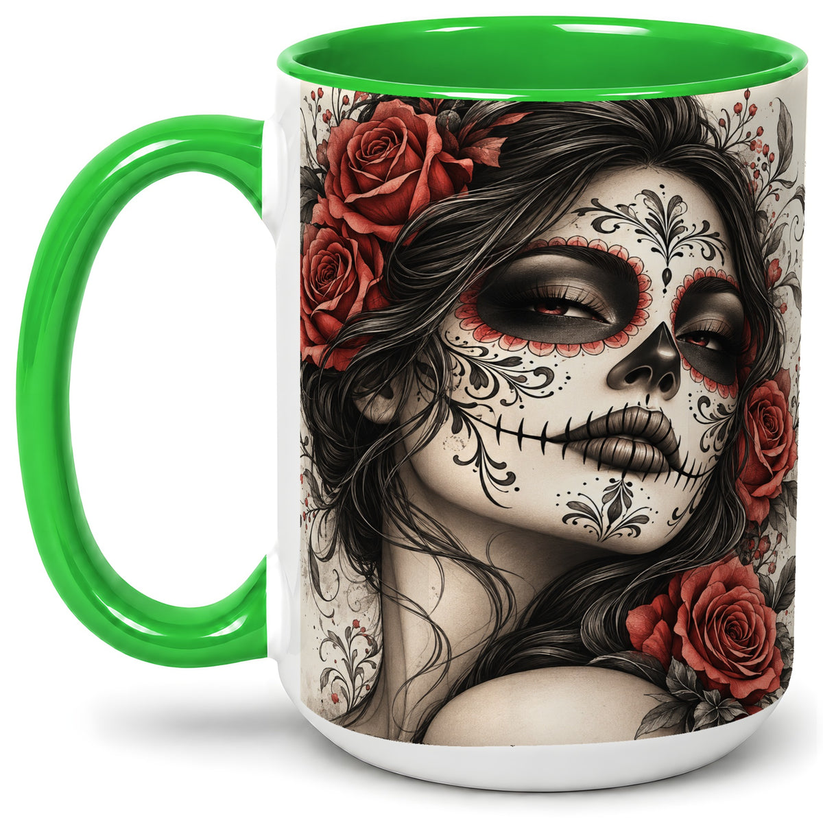 #pl[15oz|Green] Vintage Sugar Skull Rose Accent Mug, Ceramic Mug for Gothic Art Fans