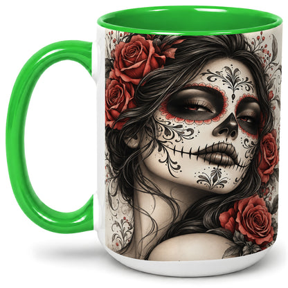 #pl[15oz|Green] Vintage Sugar Skull Rose Accent Mug, Ceramic Mug for Gothic Art Fans