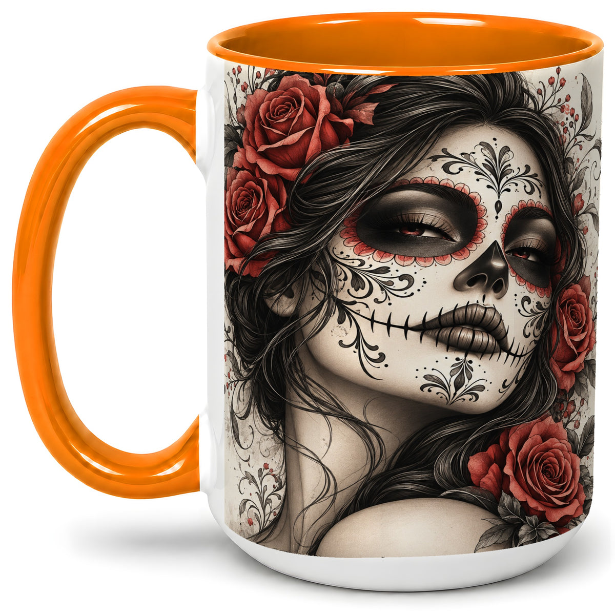 #pl[15oz|Orange] Vintage Sugar Skull Rose Accent Mug, Ceramic Mug for Gothic Art Fans