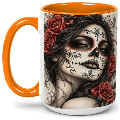 #pl[15oz|Orange] Vintage Sugar Skull Rose Accent Mug, Ceramic Mug for Gothic Art Fans