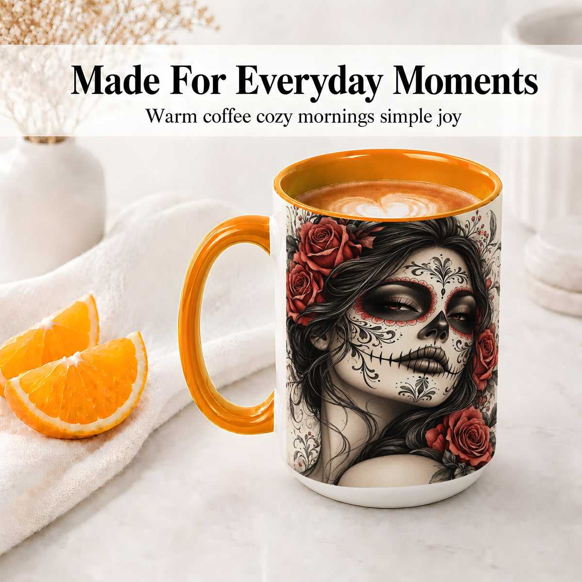 #pl[15oz|Orange] Vintage Sugar Skull Rose Accent Mug, Ceramic Mug for Gothic Art Fans