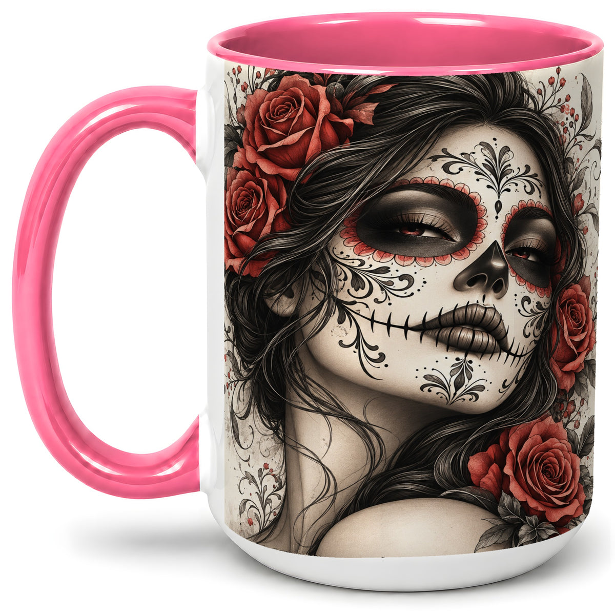 #pl[15oz|Pink] Vintage Sugar Skull Rose Accent Mug, Ceramic Mug for Gothic Art Fans