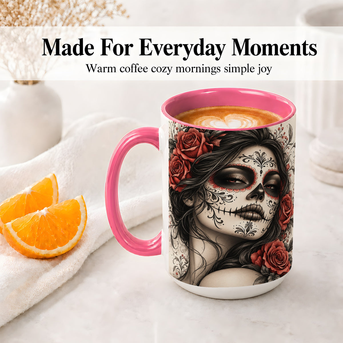 #pl[15oz|Pink] Vintage Sugar Skull Rose Accent Mug, Ceramic Mug for Gothic Art Fans