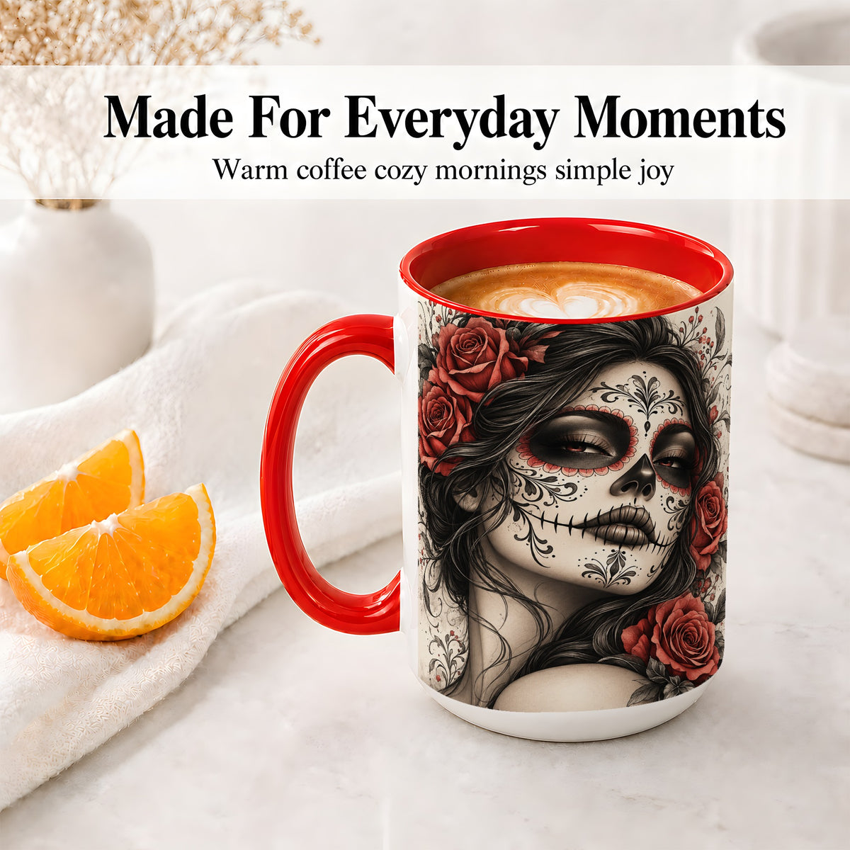 #pl[15oz|Red] Vintage Sugar Skull Rose Accent Mug, Ceramic Mug for Gothic Art Fans