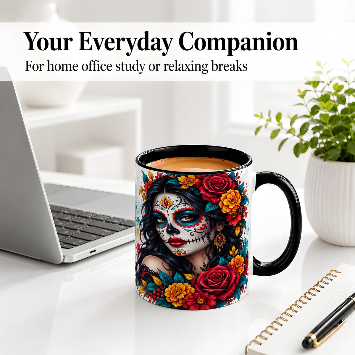 #pl[11oz|Black] Colorful Sugar Skull Floral Accent Mug, Ceramic Mug for Gothic Fans