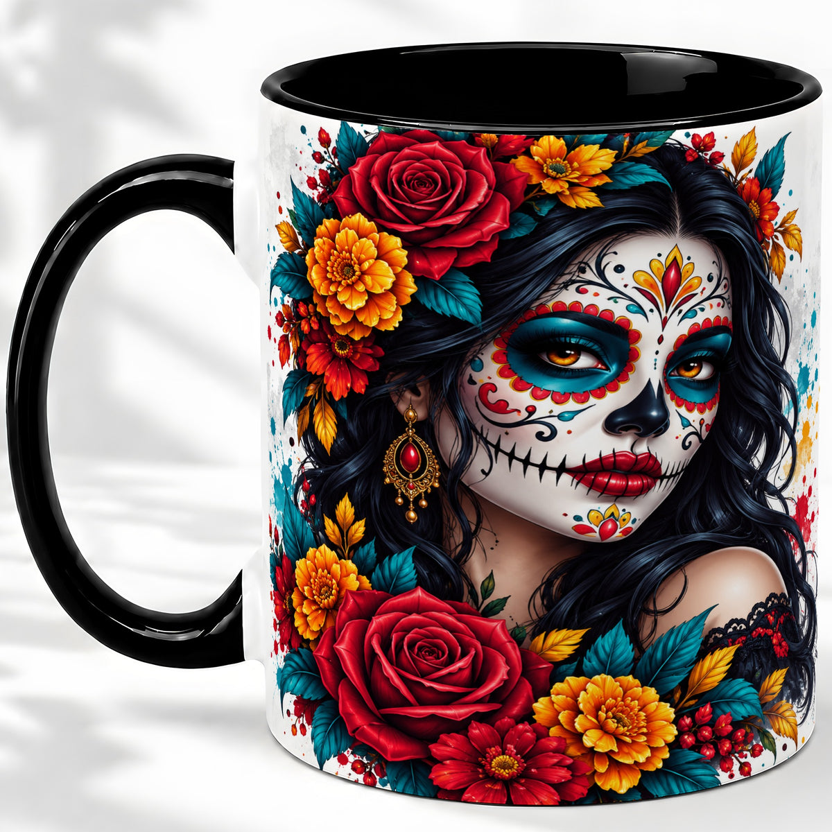 #pl[11oz|Black] Colorful Sugar Skull Floral Accent Mug, Ceramic Mug for Gothic Fans