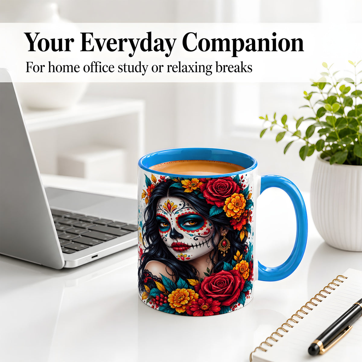 #pl[11oz|Blue] Colorful Sugar Skull Floral Accent Mug, Ceramic Mug for Gothic Fans
