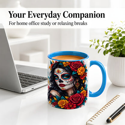 #pl[11oz|Blue] Colorful Sugar Skull Floral Accent Mug, Ceramic Mug for Gothic Fans