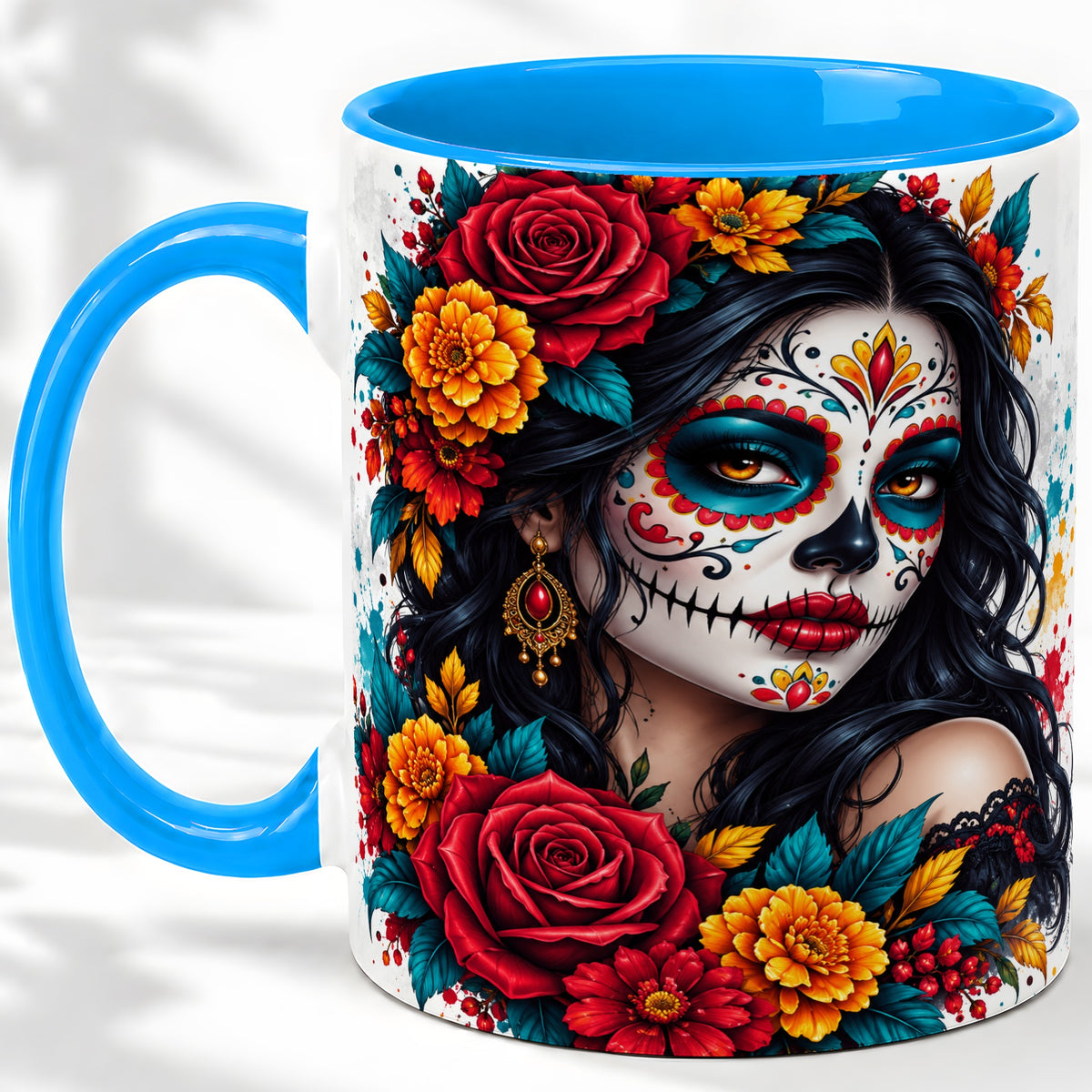 #pl[11oz|Blue] Colorful Sugar Skull Floral Accent Mug, Ceramic Mug for Gothic Fans