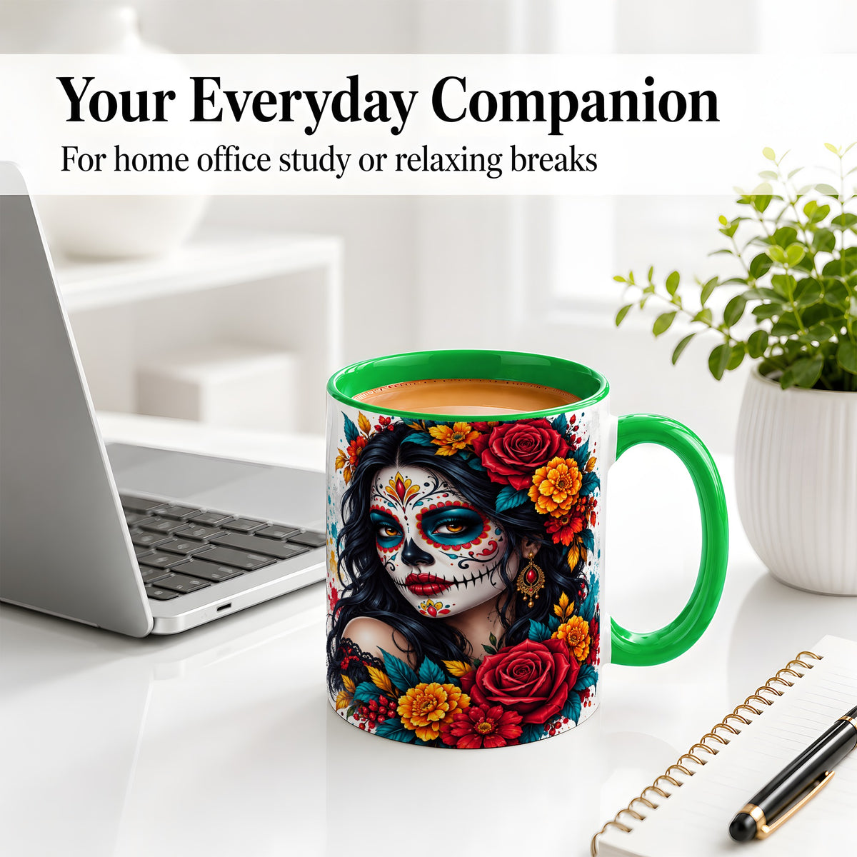 #pl[11oz|Green] Colorful Sugar Skull Floral Accent Mug, Ceramic Mug for Gothic Fans
