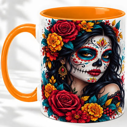 #pl[11oz|Orange] Colorful Sugar Skull Floral Accent Mug, Ceramic Mug for Gothic Fans