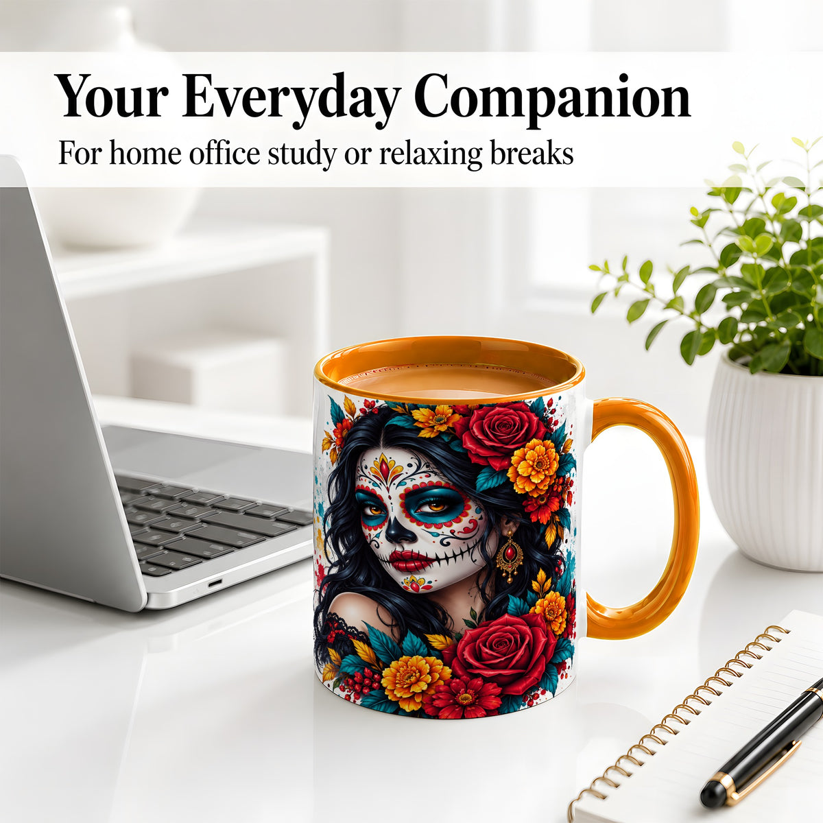 #pl[11oz|Orange] Colorful Sugar Skull Floral Accent Mug, Ceramic Mug for Gothic Fans