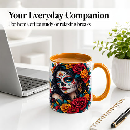 #pl[11oz|Orange] Colorful Sugar Skull Floral Accent Mug, Ceramic Mug for Gothic Fans