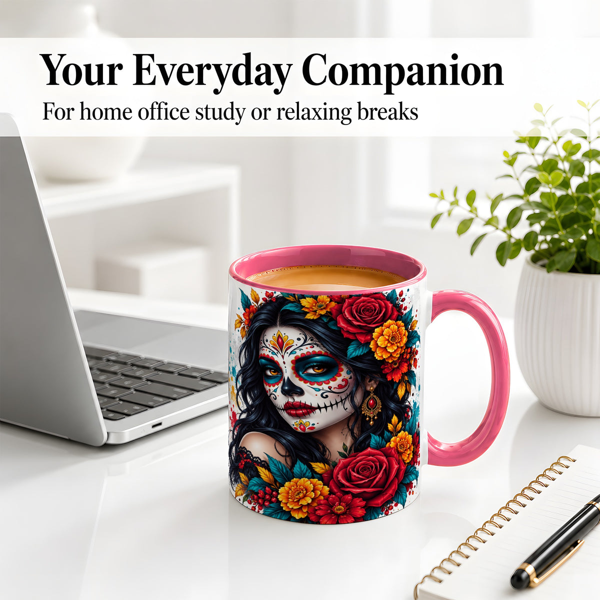 #pl[11oz|Pink] Colorful Sugar Skull Floral Accent Mug, Ceramic Mug for Gothic Fans