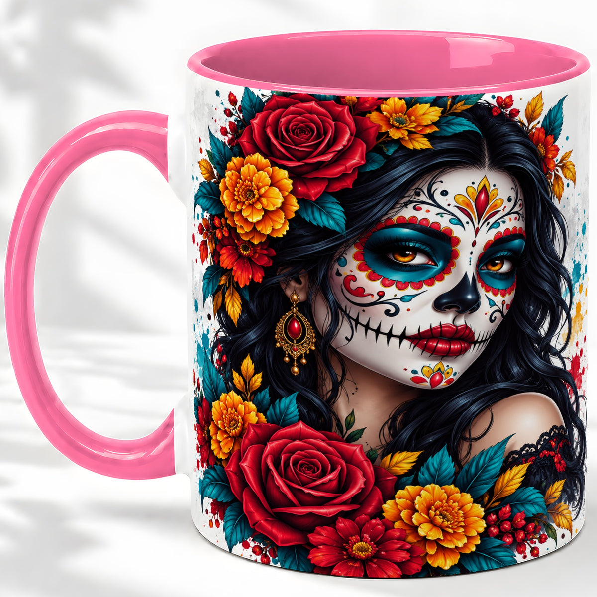 #pl[11oz|Pink] Colorful Sugar Skull Floral Accent Mug, Ceramic Mug for Gothic Fans