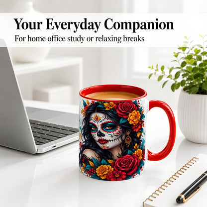 #pl[11oz|Red] Colorful Sugar Skull Floral Accent Mug, Ceramic Mug for Gothic Fans