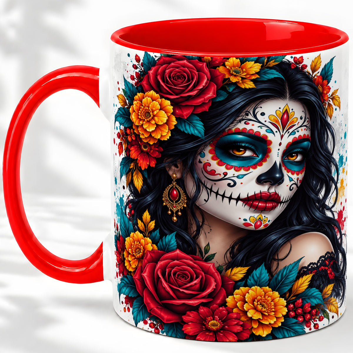 Colorful Sugar Skull Floral Accent Mug, Ceramic Mug for Gothic Fans