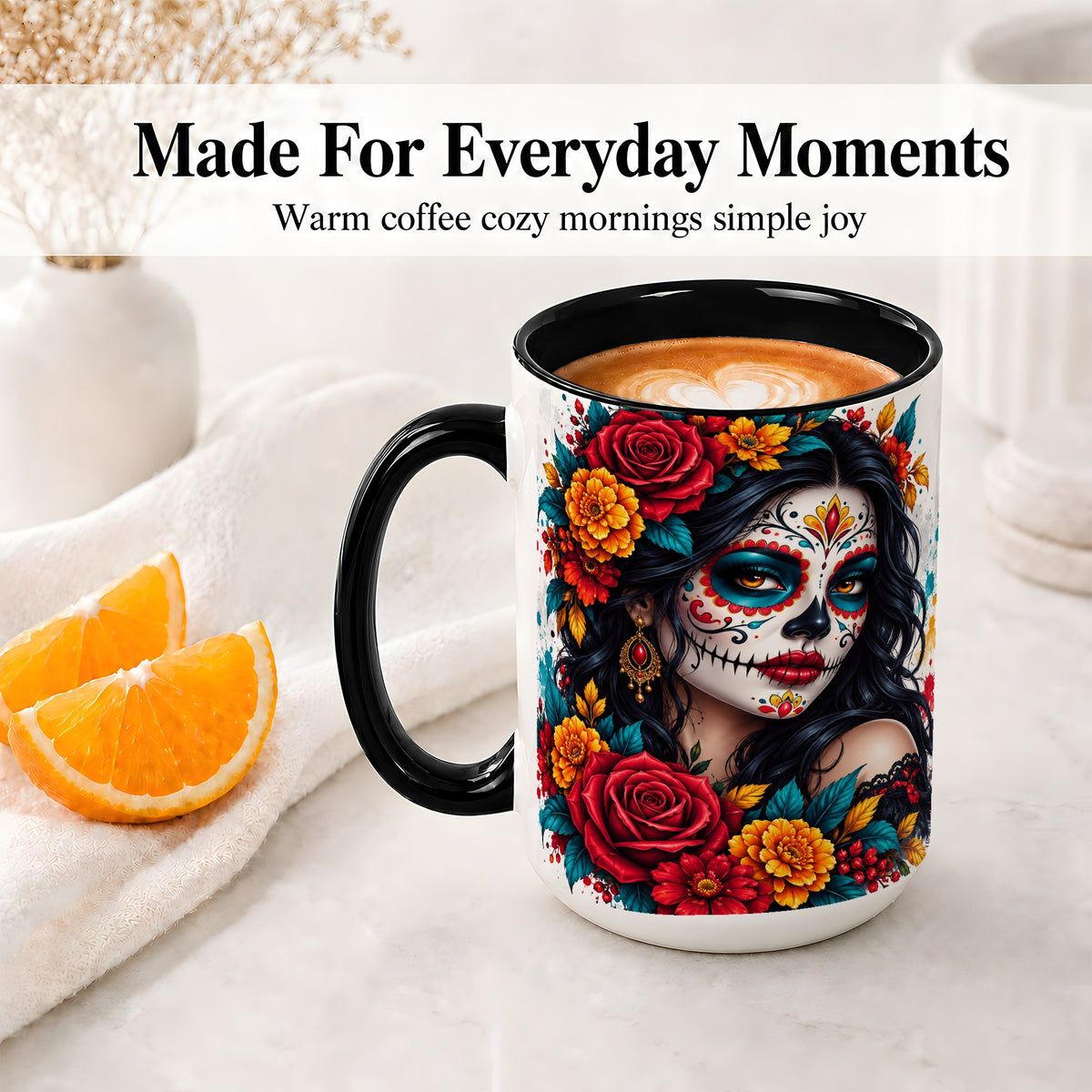 #pl[15oz|Black] Colorful Sugar Skull Floral Accent Mug, Ceramic Mug for Gothic Fans