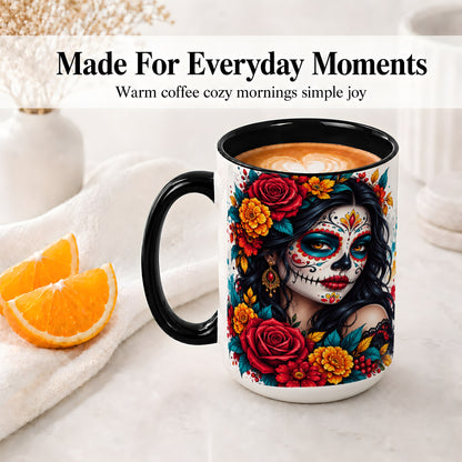 #pl[15oz|Black] Colorful Sugar Skull Floral Accent Mug, Ceramic Mug for Gothic Fans