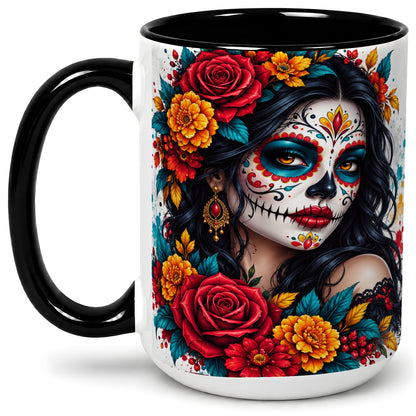 #pl[15oz|Black] Colorful Sugar Skull Floral Accent Mug, Ceramic Mug for Gothic Fans