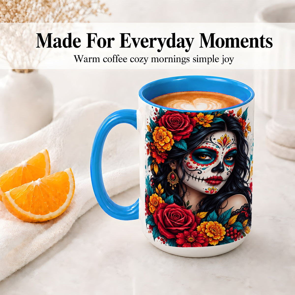 #pl[15oz|Blue] Colorful Sugar Skull Floral Accent Mug, Ceramic Mug for Gothic Fans