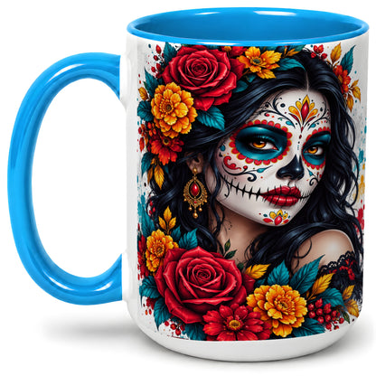 #pl[15oz|Blue] Colorful Sugar Skull Floral Accent Mug, Ceramic Mug for Gothic Fans