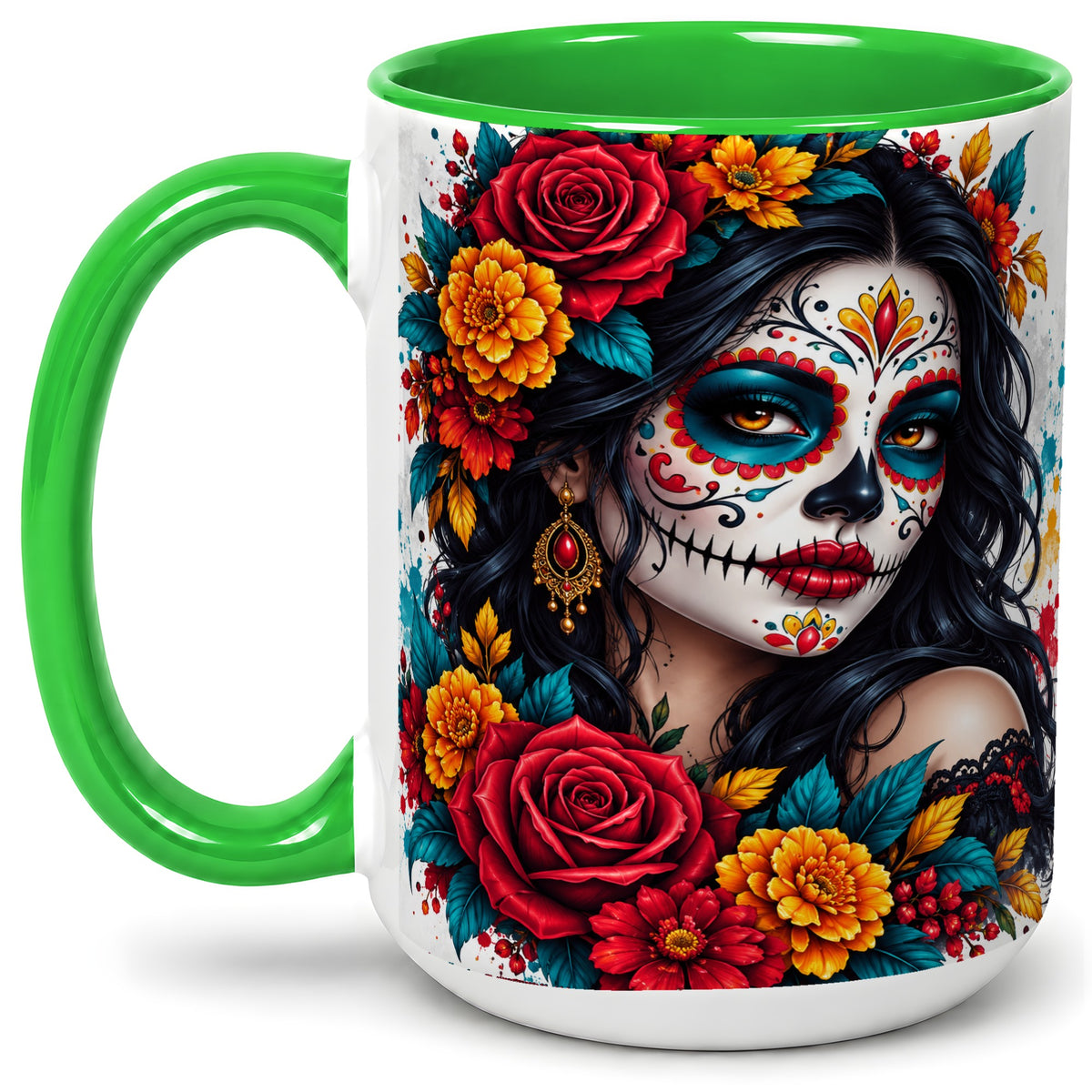 #pl[15oz|Green] Colorful Sugar Skull Floral Accent Mug, Ceramic Mug for Gothic Fans