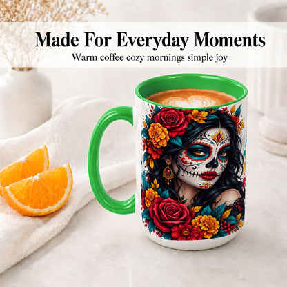 #pl[15oz|Green] Colorful Sugar Skull Floral Accent Mug, Ceramic Mug for Gothic Fans