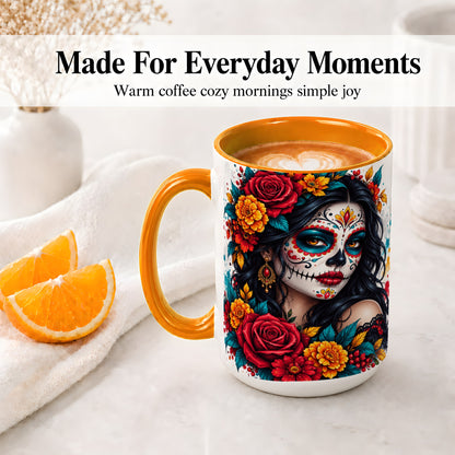 #pl[15oz|Orange] Colorful Sugar Skull Floral Accent Mug, Ceramic Mug for Gothic Fans