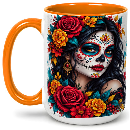 #pl[15oz|Orange] Colorful Sugar Skull Floral Accent Mug, Ceramic Mug for Gothic Fans