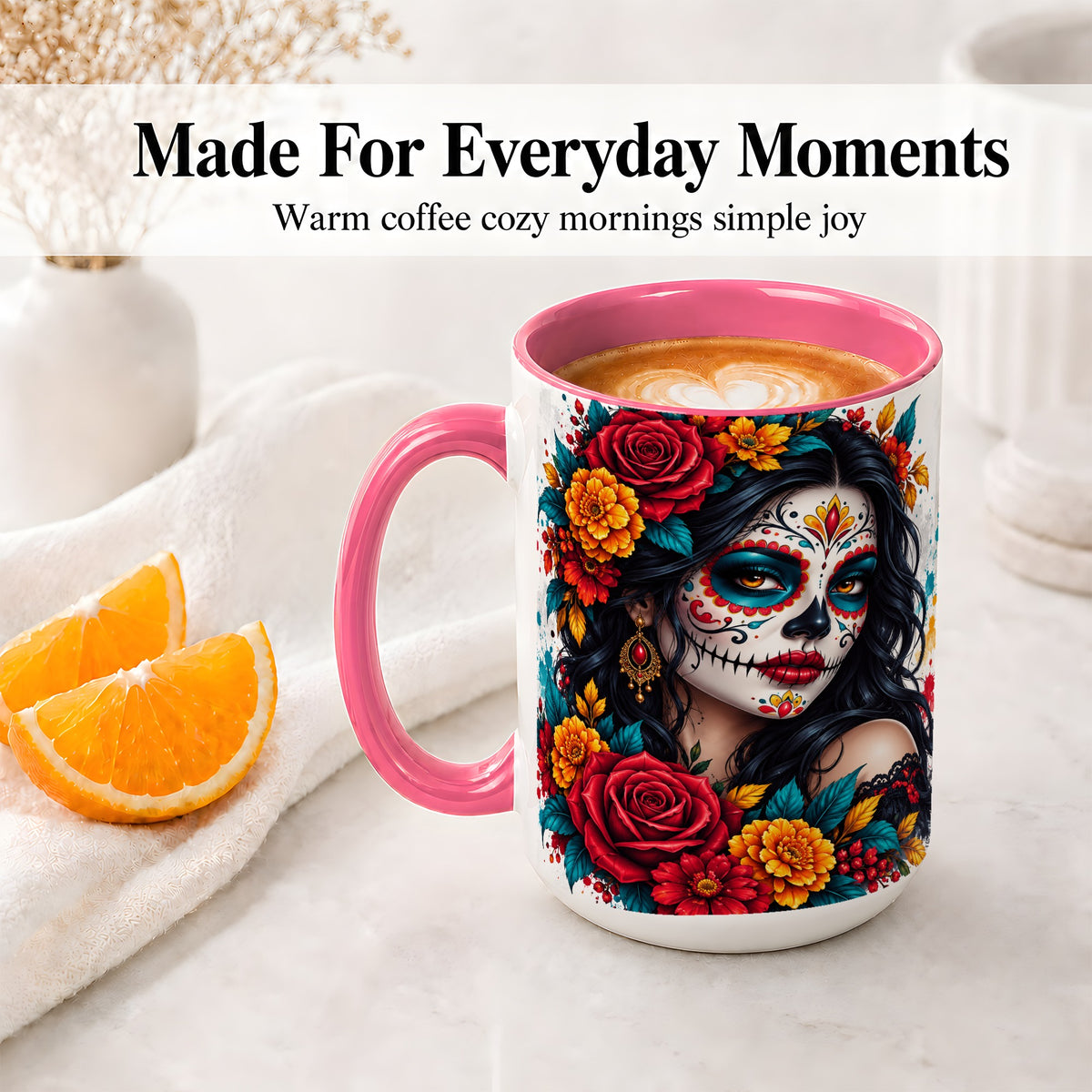 #pl[15oz|Pink] Colorful Sugar Skull Floral Accent Mug, Ceramic Mug for Gothic Fans