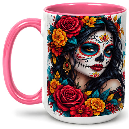 #pl[15oz|Pink] Colorful Sugar Skull Floral Accent Mug, Ceramic Mug for Gothic Fans