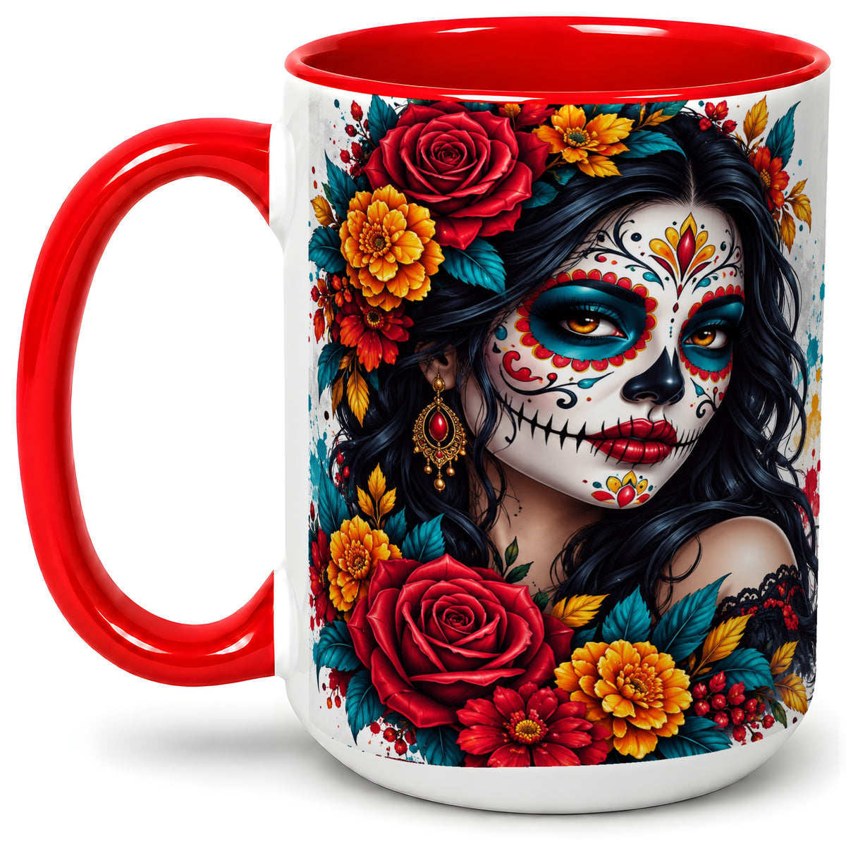 #pl[15oz|Red] Colorful Sugar Skull Floral Accent Mug, Ceramic Mug for Gothic Fans