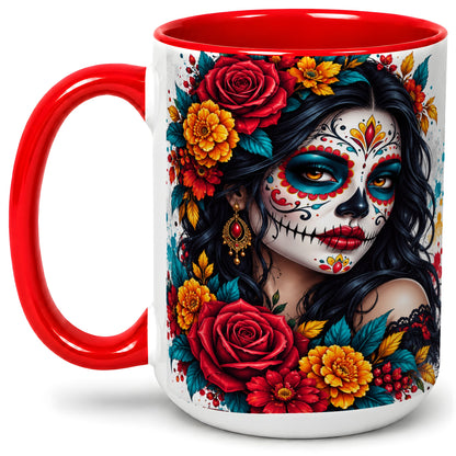 #pl[15oz|Red] Colorful Sugar Skull Floral Accent Mug, Ceramic Mug for Gothic Fans