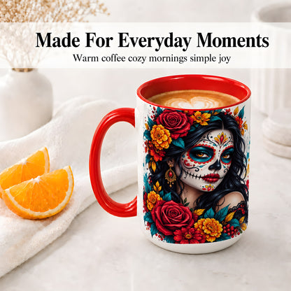 #pl[15oz|Red] Colorful Sugar Skull Floral Accent Mug, Ceramic Mug for Gothic Fans