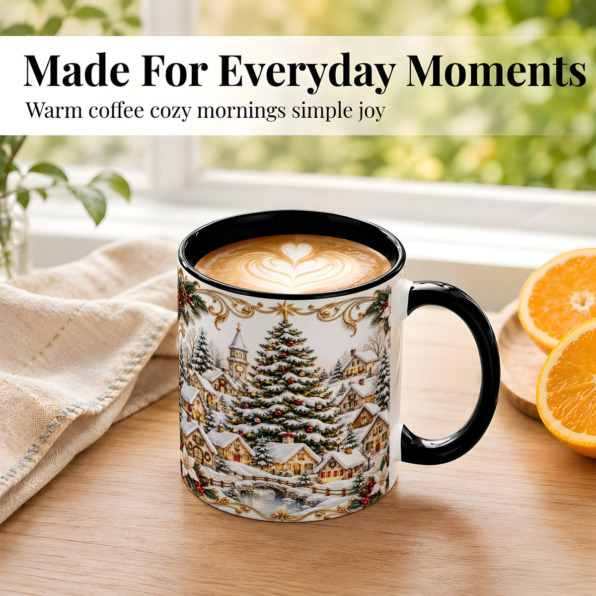 #pl[11oz|Black] Snowy Christmas Village Coffee Mug, Winter Village Mug, Ceramic Cup