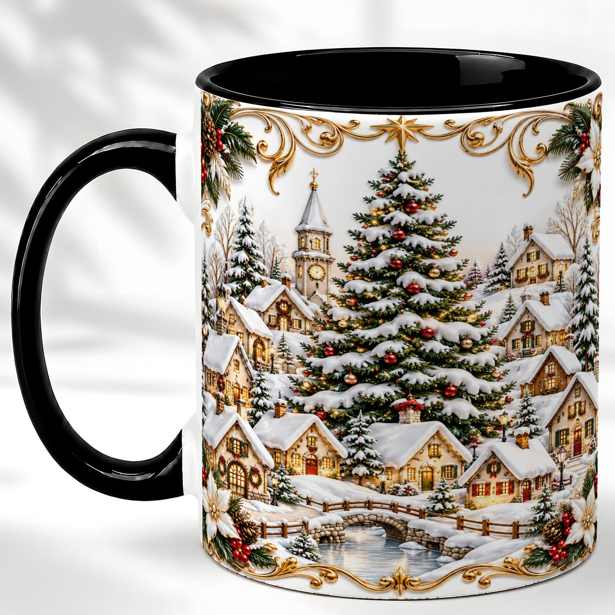 #pl[11oz|Black] Snowy Christmas Village Coffee Mug, Winter Village Mug, Ceramic Cup