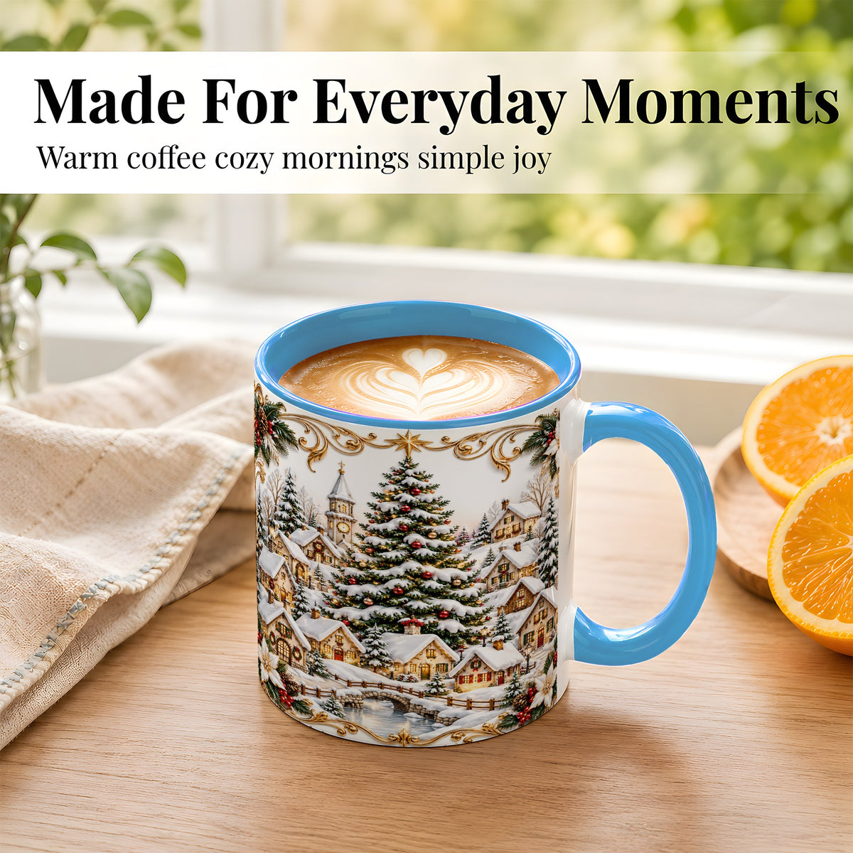 #pl[11oz|Blue] Snowy Christmas Village Coffee Mug, Winter Village Mug, Ceramic Cup