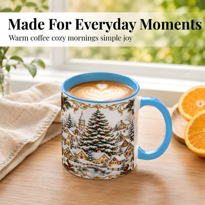 #pl[11oz|Blue] Snowy Christmas Village Coffee Mug, Winter Village Mug, Ceramic Cup