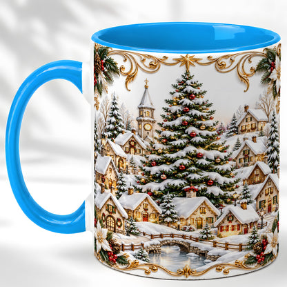 #pl[11oz|Blue] Snowy Christmas Village Coffee Mug, Winter Village Mug, Ceramic Cup