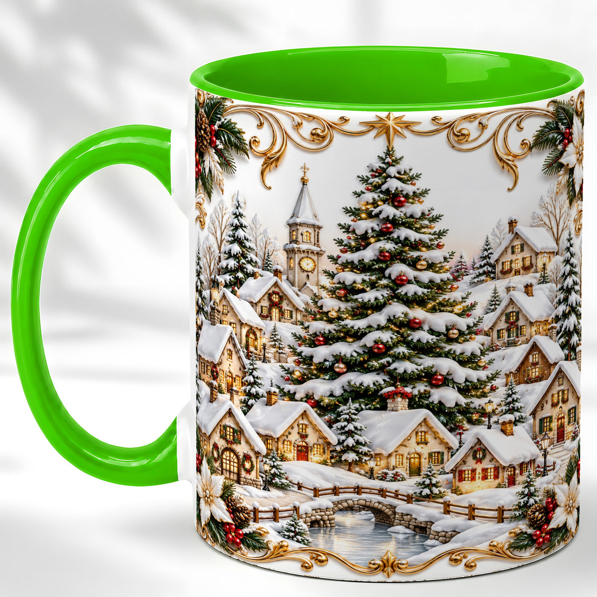 #pl[11oz|Green] Snowy Christmas Village Coffee Mug, Winter Village Mug, Ceramic Cup