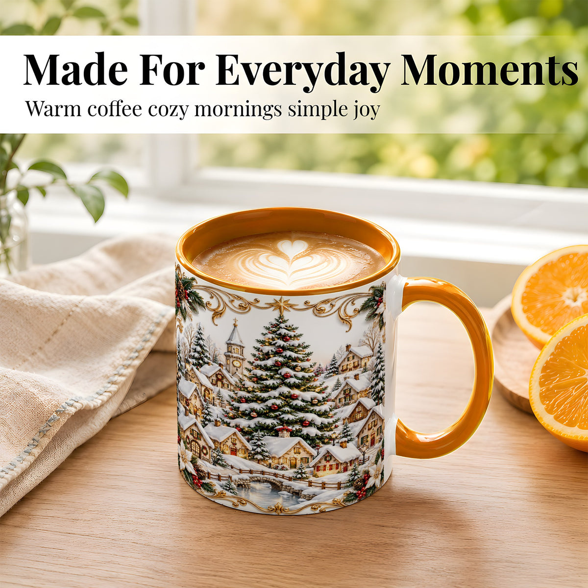 #pl[11oz|Orange] Snowy Christmas Village Coffee Mug, Winter Village Mug, Ceramic Cup