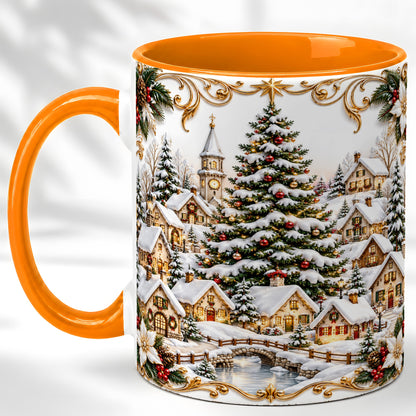 #pl[11oz|Orange] Snowy Christmas Village Coffee Mug, Winter Village Mug, Ceramic Cup
