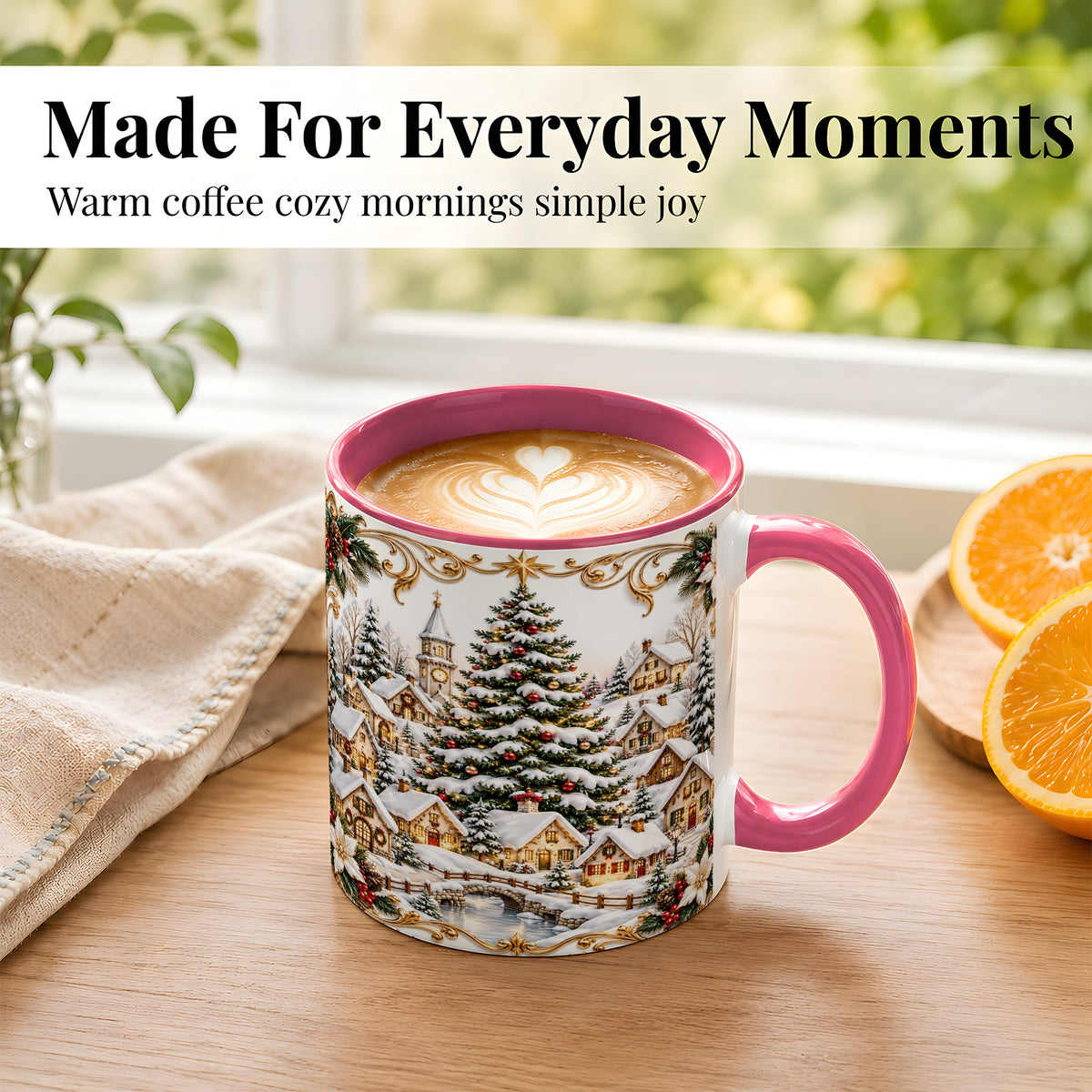#pl[11oz|Pink] Snowy Christmas Village Coffee Mug, Winter Village Mug, Ceramic Cup