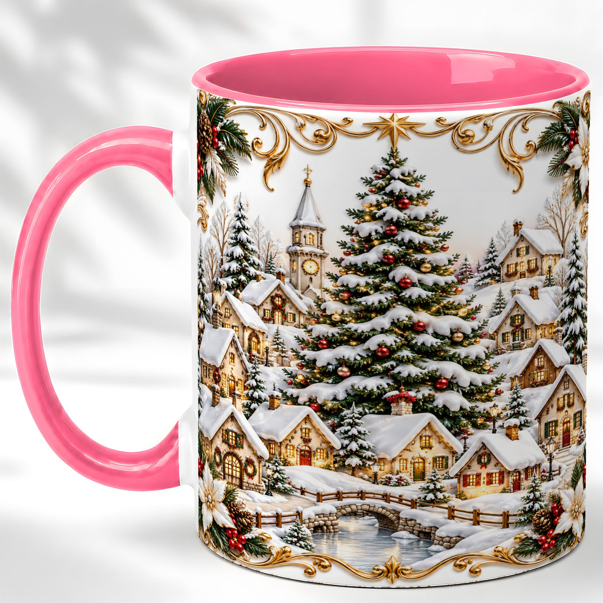 #pl[11oz|Pink] Snowy Christmas Village Coffee Mug, Winter Village Mug, Ceramic Cup