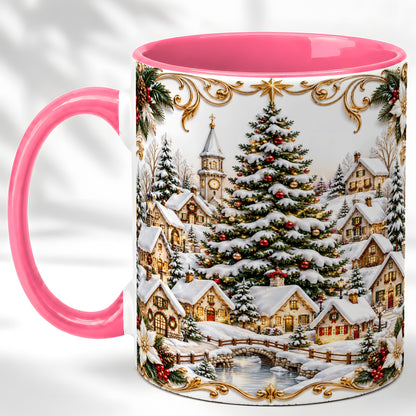 #pl[11oz|Pink] Snowy Christmas Village Coffee Mug, Winter Village Mug, Ceramic Cup