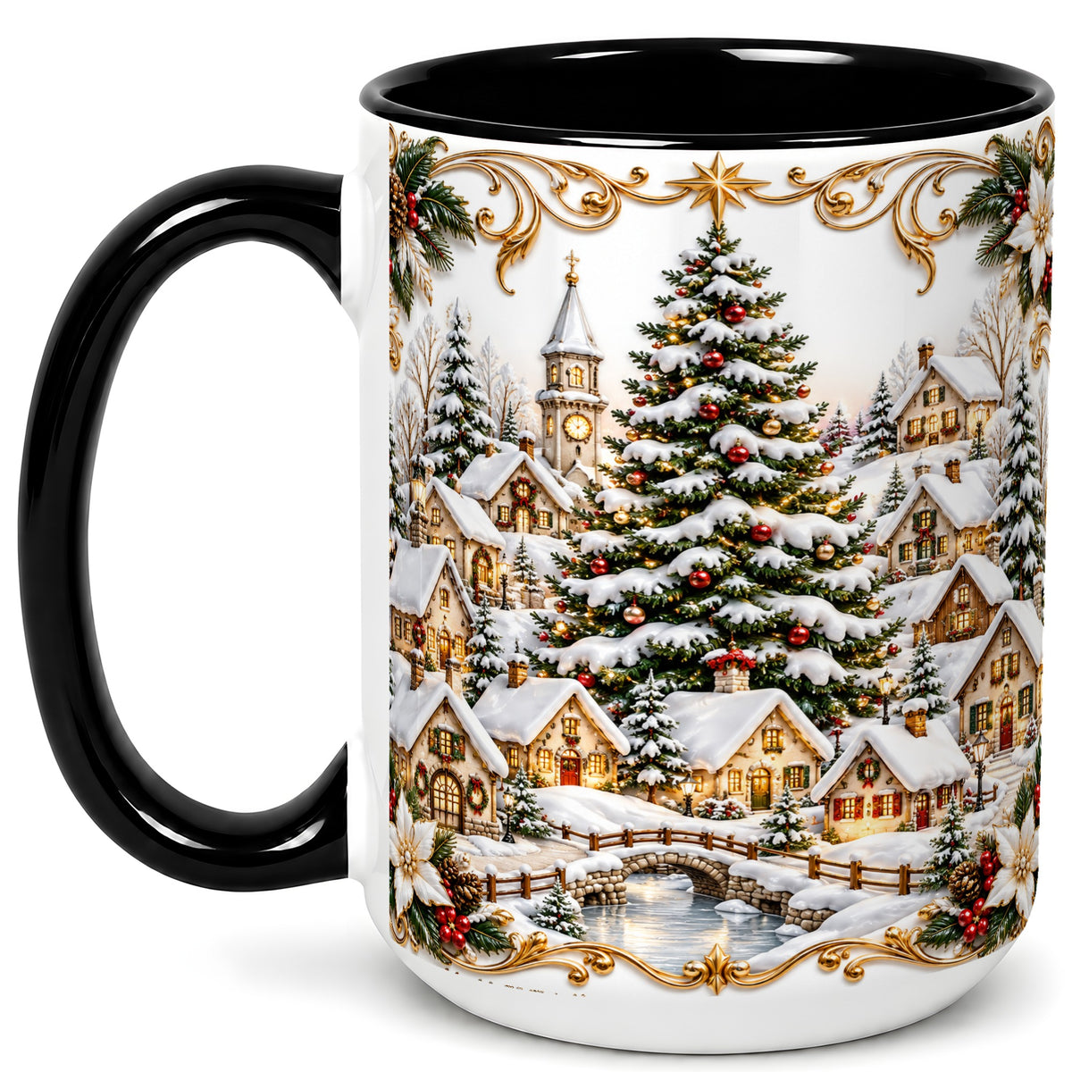 #pl[15oz|Black] Snowy Christmas Village Coffee Mug, Winter Village Mug, Ceramic Cup